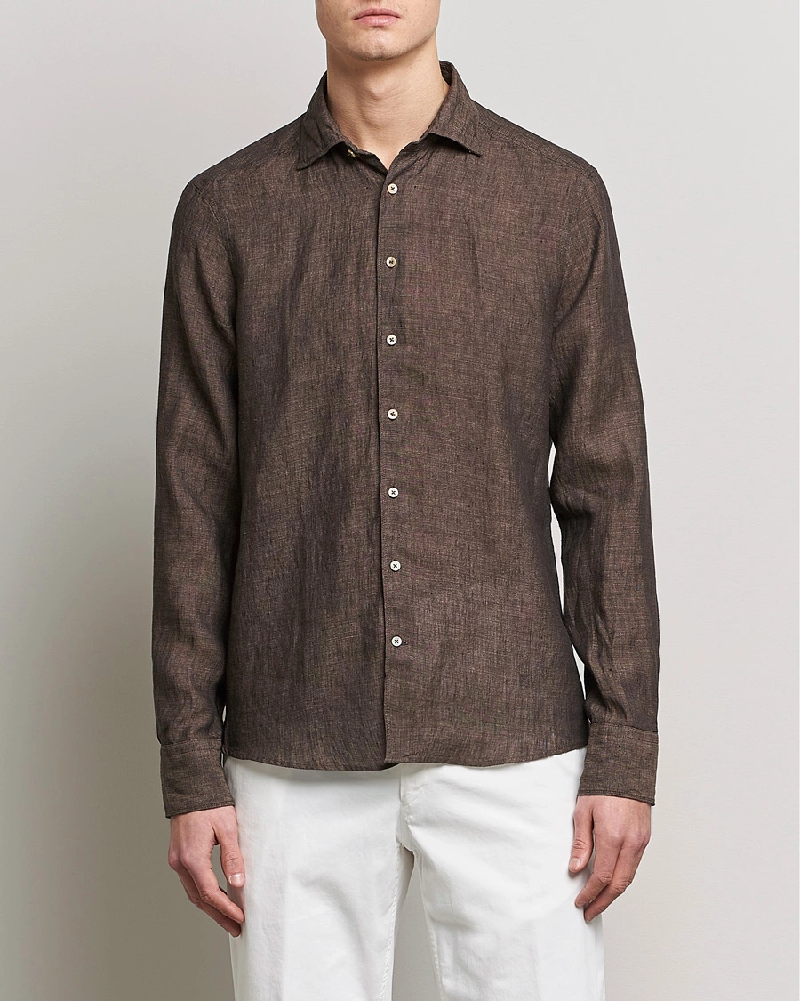 Herren | Hemden | Stenströms | Slimline Cut Away Linen Shirt Dark Brown