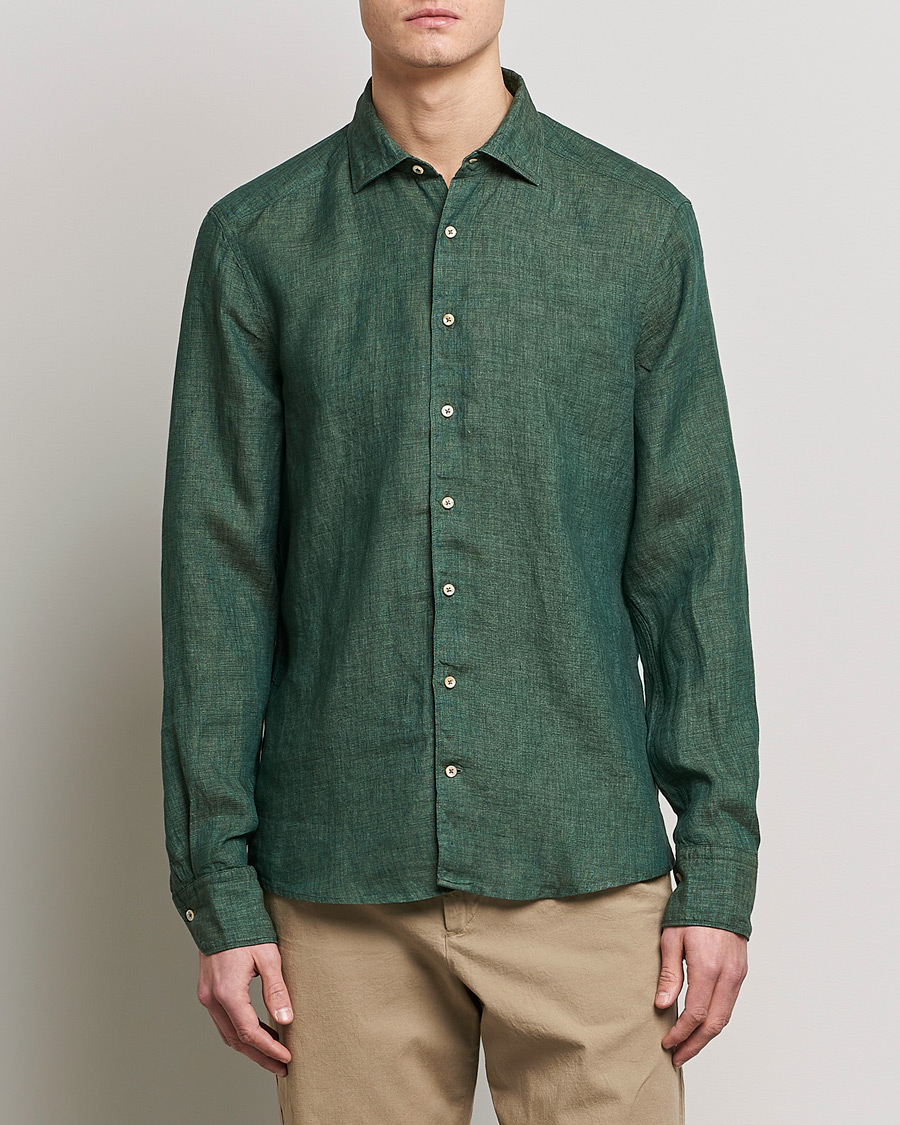 Herren | Hemden | Stenströms | Slimline Cut Away Linen Shirt Dark Green