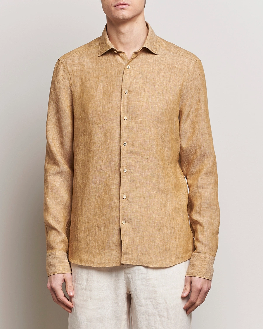 Herren | Hemden | Stenströms | Slimline Cut Away Linen Shirt Brown