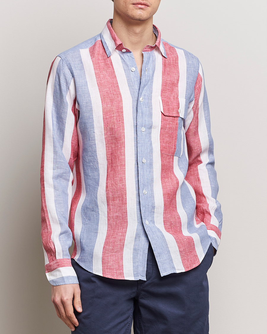 Herren | Leinenhemden | Drake\'s | Thick Stripe Linen Shirt Red/Blue