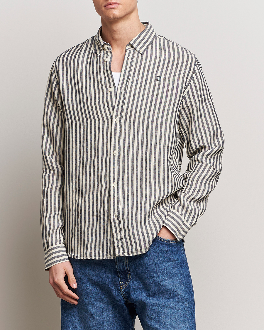 Herren | Neu im Onlineshop | LES DEUX | Kristian Striped Linen Button Down Shirt Ivory/Navy