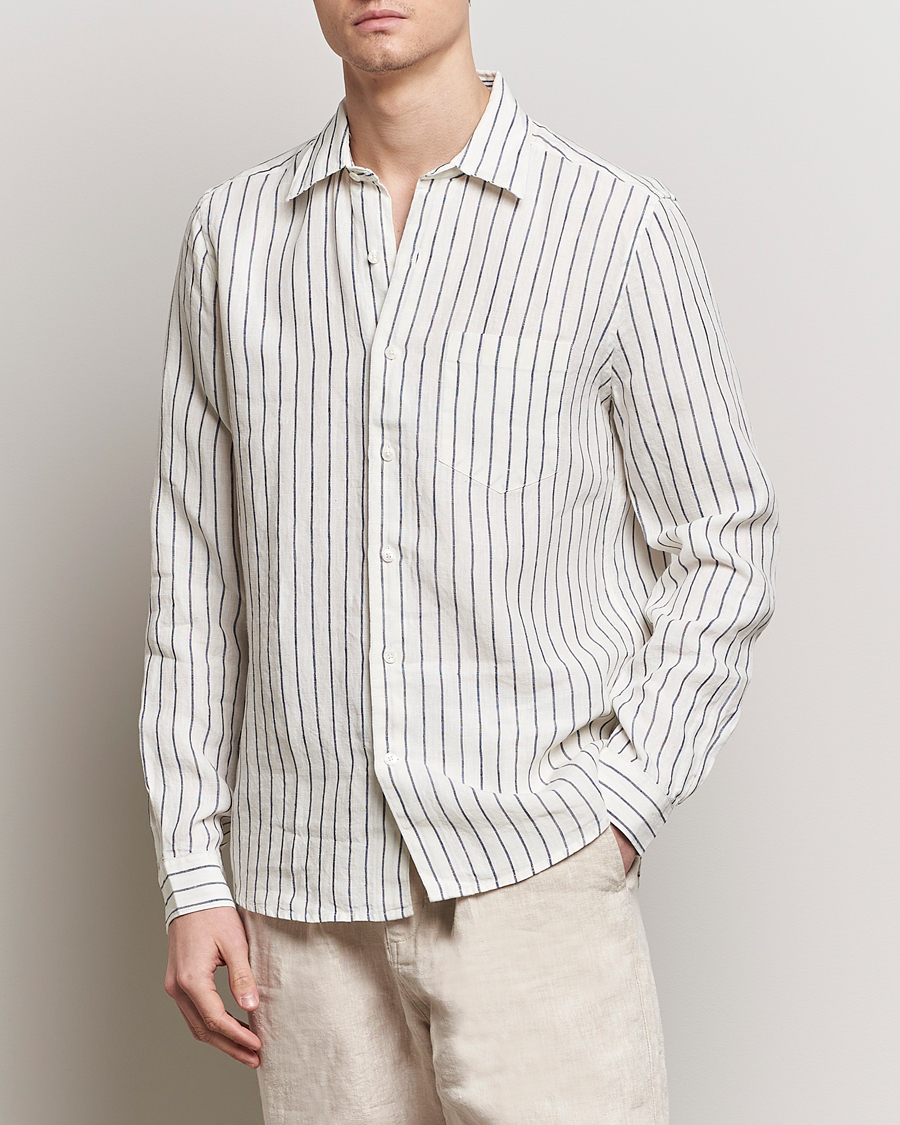 Herren | A Day's March | A Day\'s March | Abu Striped Linen Shirt White/Navy