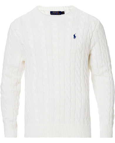  Cotton Cable Crew Neck Pullover White