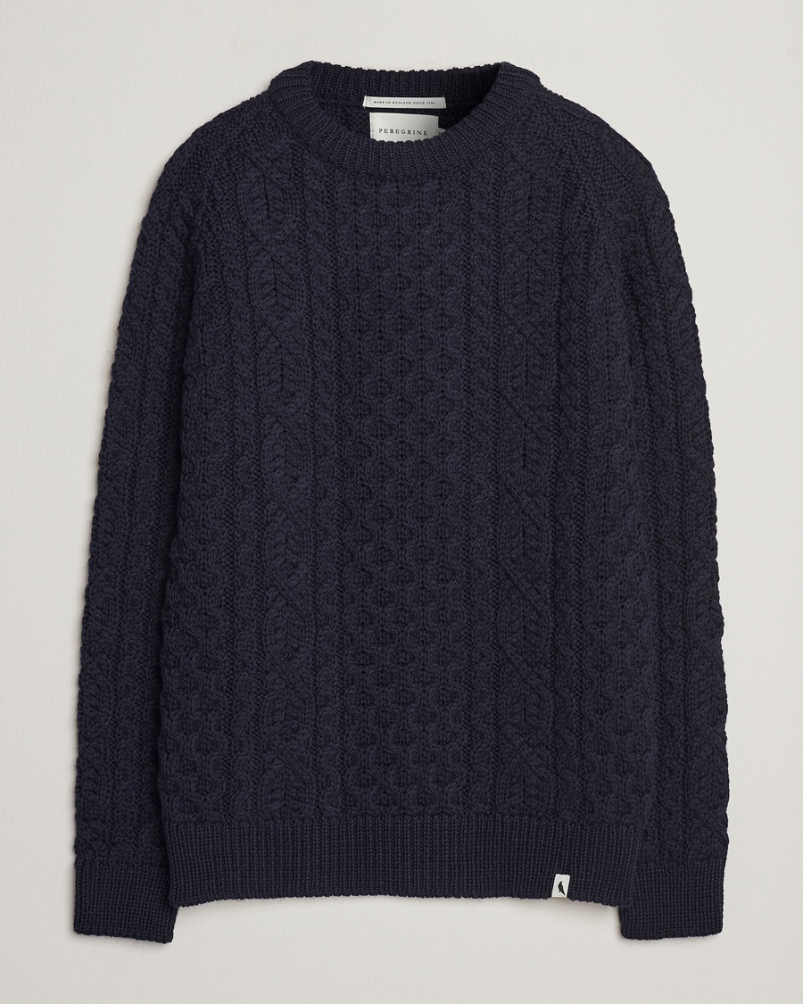 Peregrine Hudson Wool Aran Knitted Jumper Navy – Blau