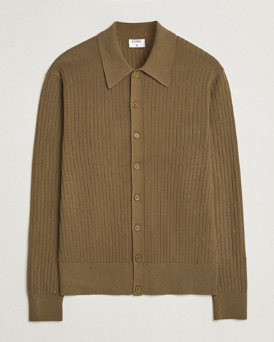  Cotton Merino Ribbed Knitted Cardigan Olive Green