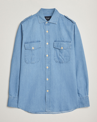 Drake's Denim Epaulette Shirt Blue – Blau