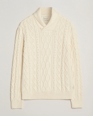 GANT Cable Shawl Collar Knitted Sweater Cream – Weiß