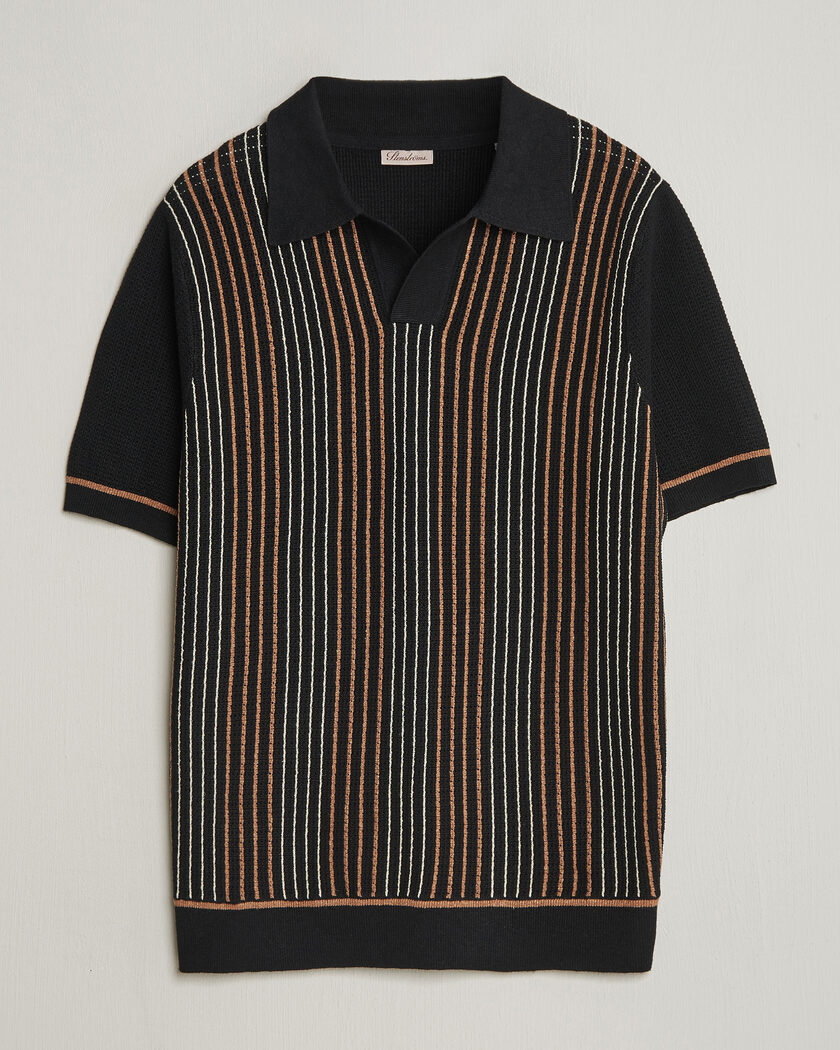 Stenströms Knitted Stripe Hemp/Cotton Polo Black – Mehrfarbig