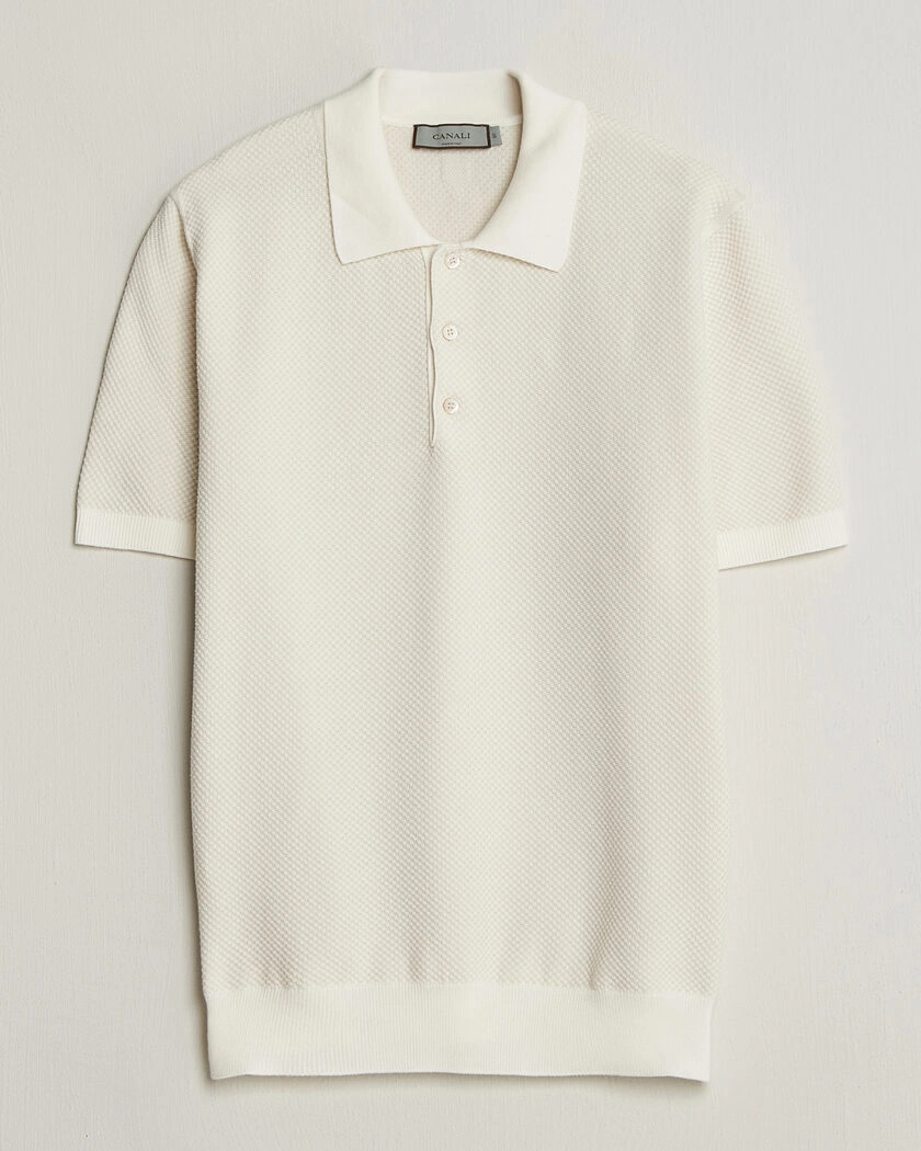 Canali Textured Knit Short Sleeve Polo Off White – Weiß