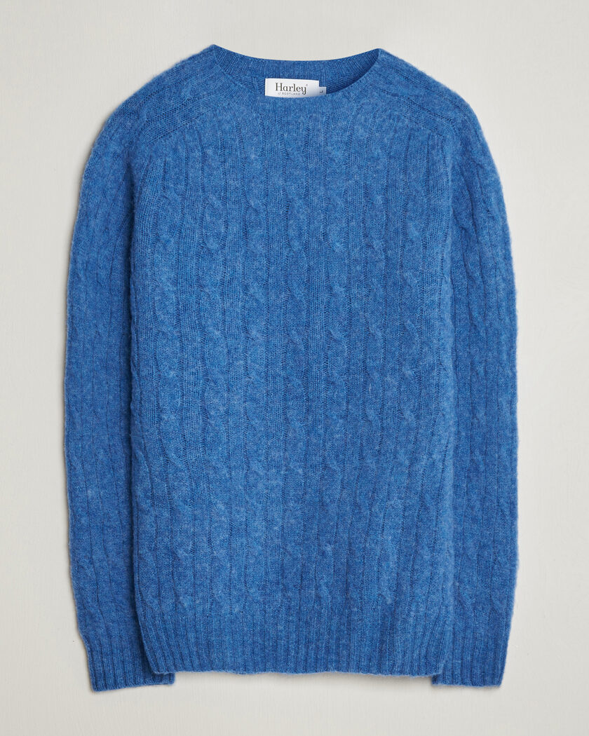 Harley Of Scotland Brushed Supersoft Lambswool Cable Cobalt – Blau