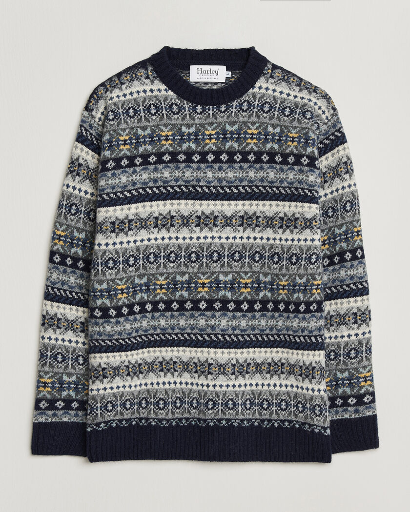 Harley Of Scotland Supersoft 2ply Lambswool Fairisle Crew Navy – Blau