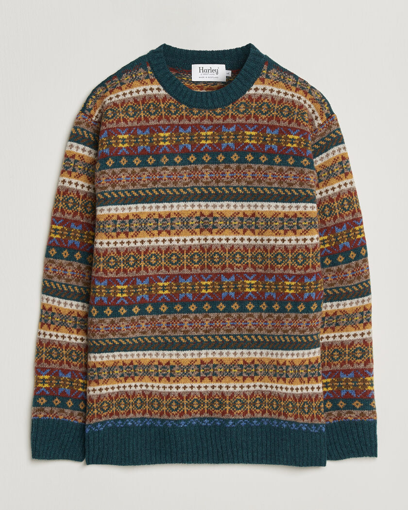 Harley Of Scotland Supersoft 2ply Lambswool Fairisle Crew Tempest – Grün