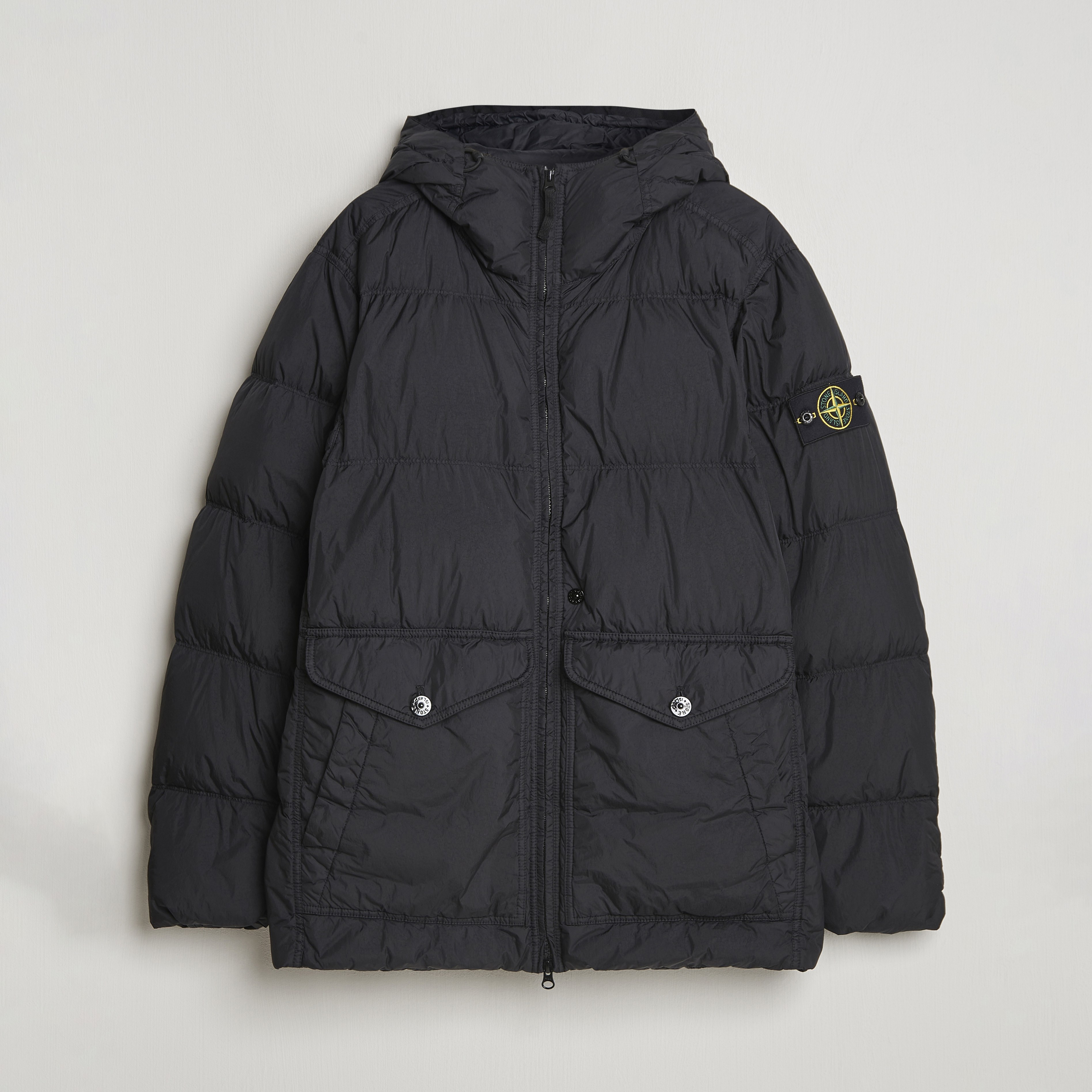 Stone Island Garment Dyed Recycled Nylon Down Hooded Jacket Black bei Care