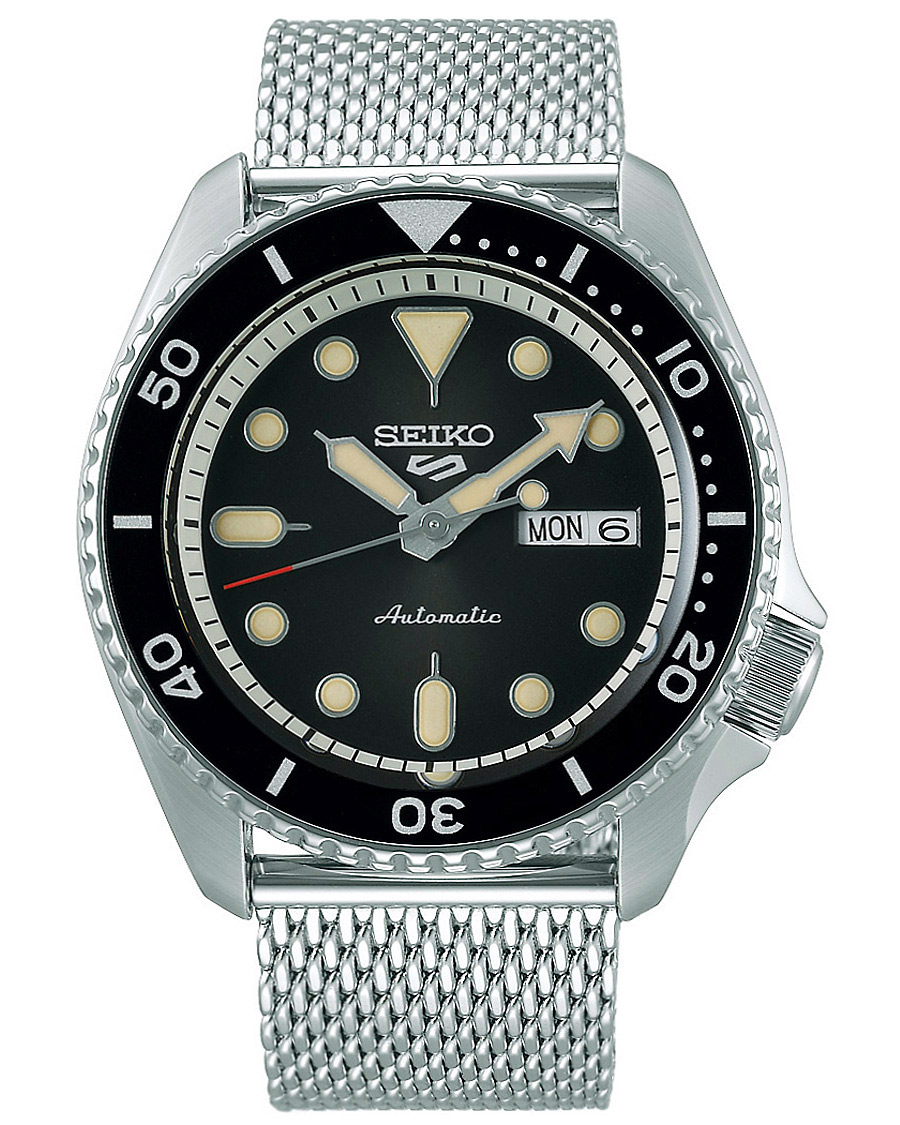 Seiko 5 Sports Mens 43mm 100m Automatic Steel Mesh Black Dial