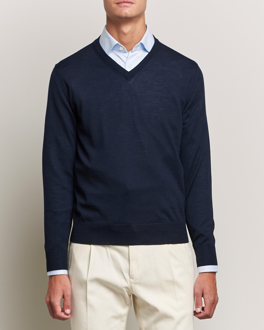 Herren | V-Ausschnitt | Canali | Merino Wool V-Neck Navy