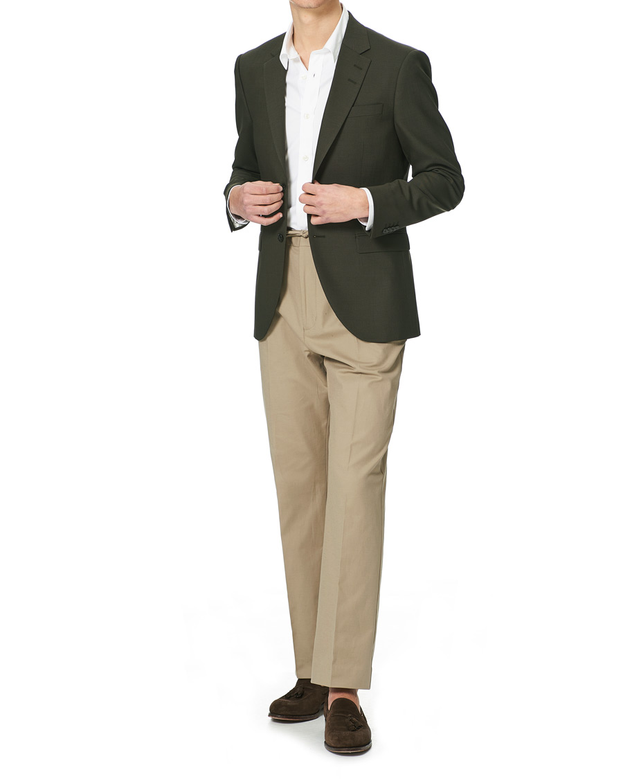 khaki pants with black suit jacket