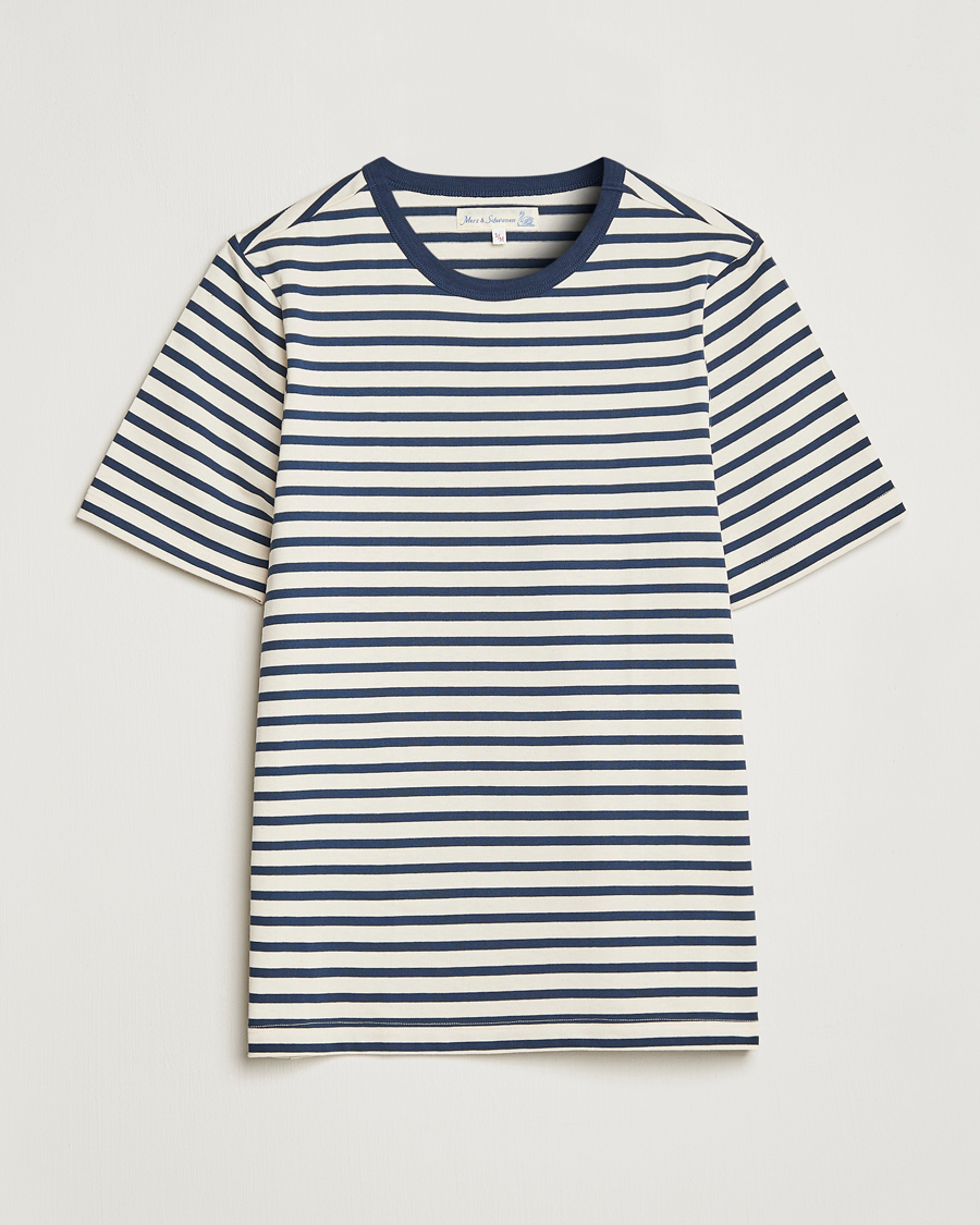 Merz b. Schwanen Relaxed Loopwheeled Striped T-Shirt Ink Blue/Nature bei Ca