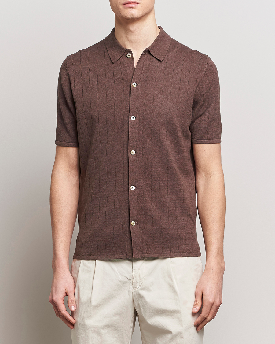 Herren | Poloshirts | Stenströms | Linen/Cotton Rib Knitted Buttonthru Shirt Brown