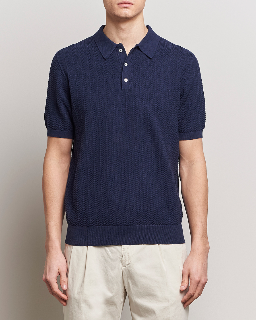 Herren | Poloshirts | Stenströms | Linen/Cotton Crochet Knitted Polo Shirt Navy