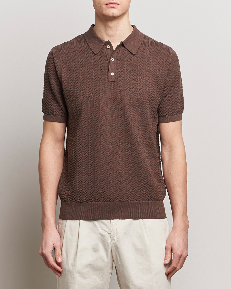 Herren | Poloshirts | Stenströms | Linen/Cotton Crochet Knitted Polo Shirt Brown