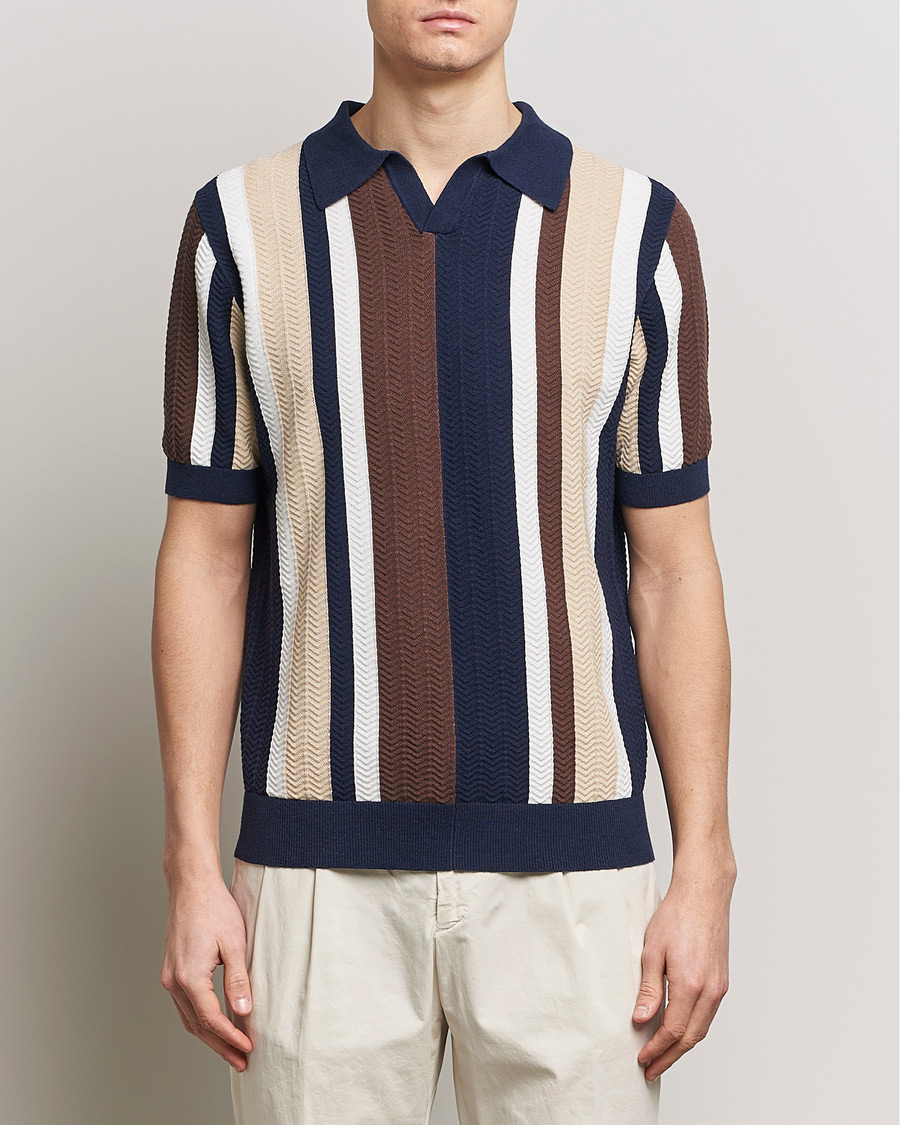 Herren | Poloshirts | Stenströms | Linen/Cotton Striped Crochet Knitted Polo Multi
