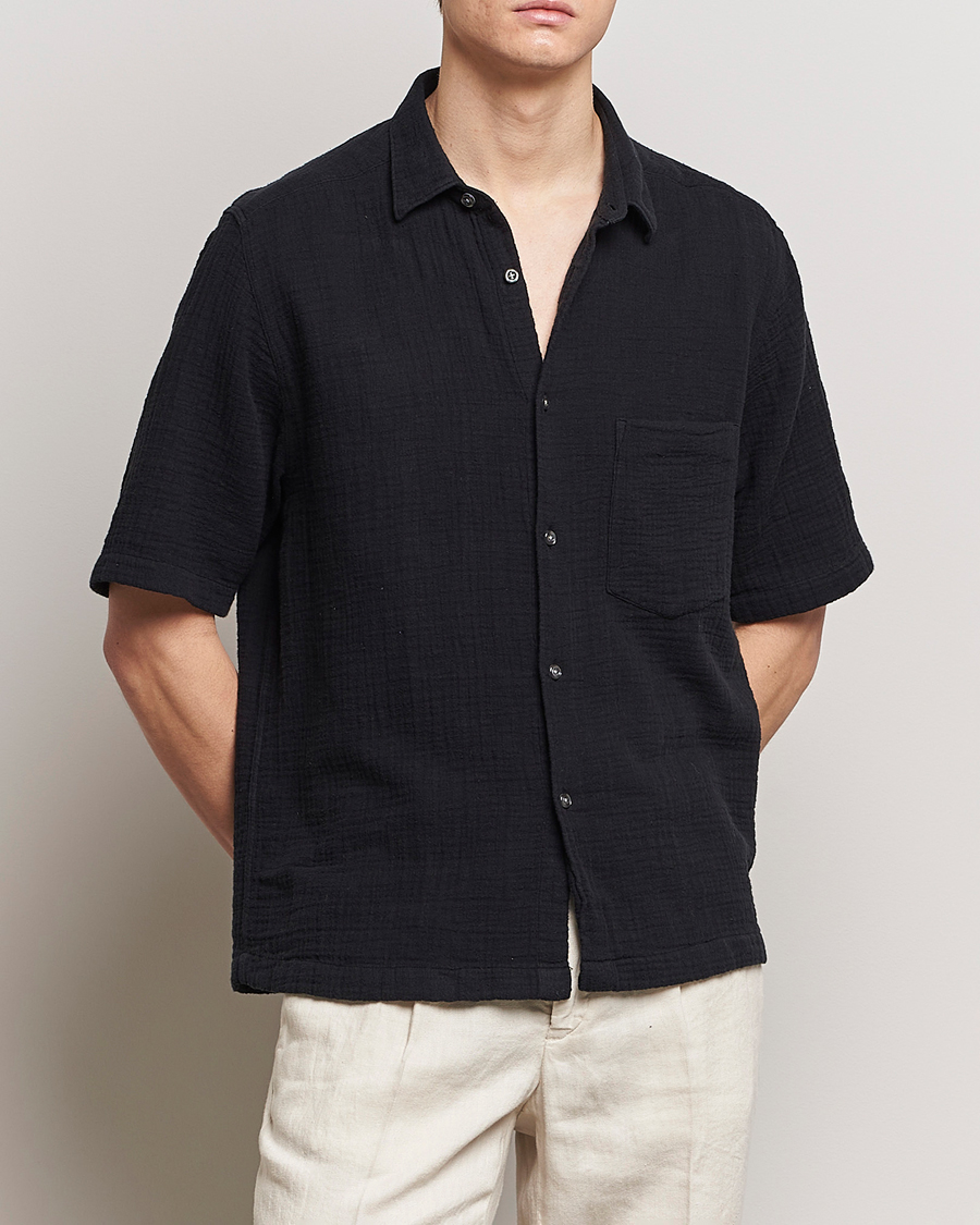 Herren |  | Oscar Jacobson | Short Sleeve City Crepe Cotton Shirt Black