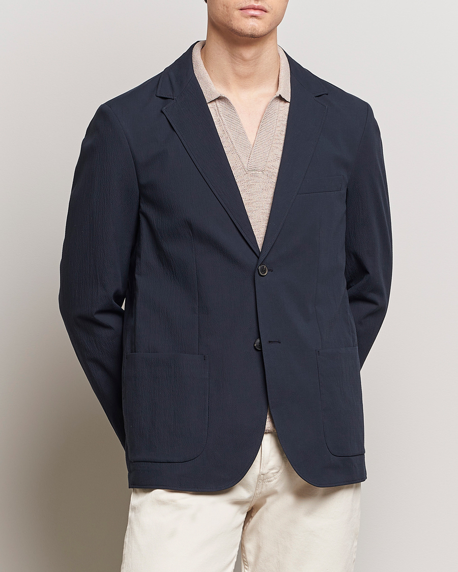 Herren | Baumwollsakko | Sunspel | Unconstructed Seersucker Blazer Navy