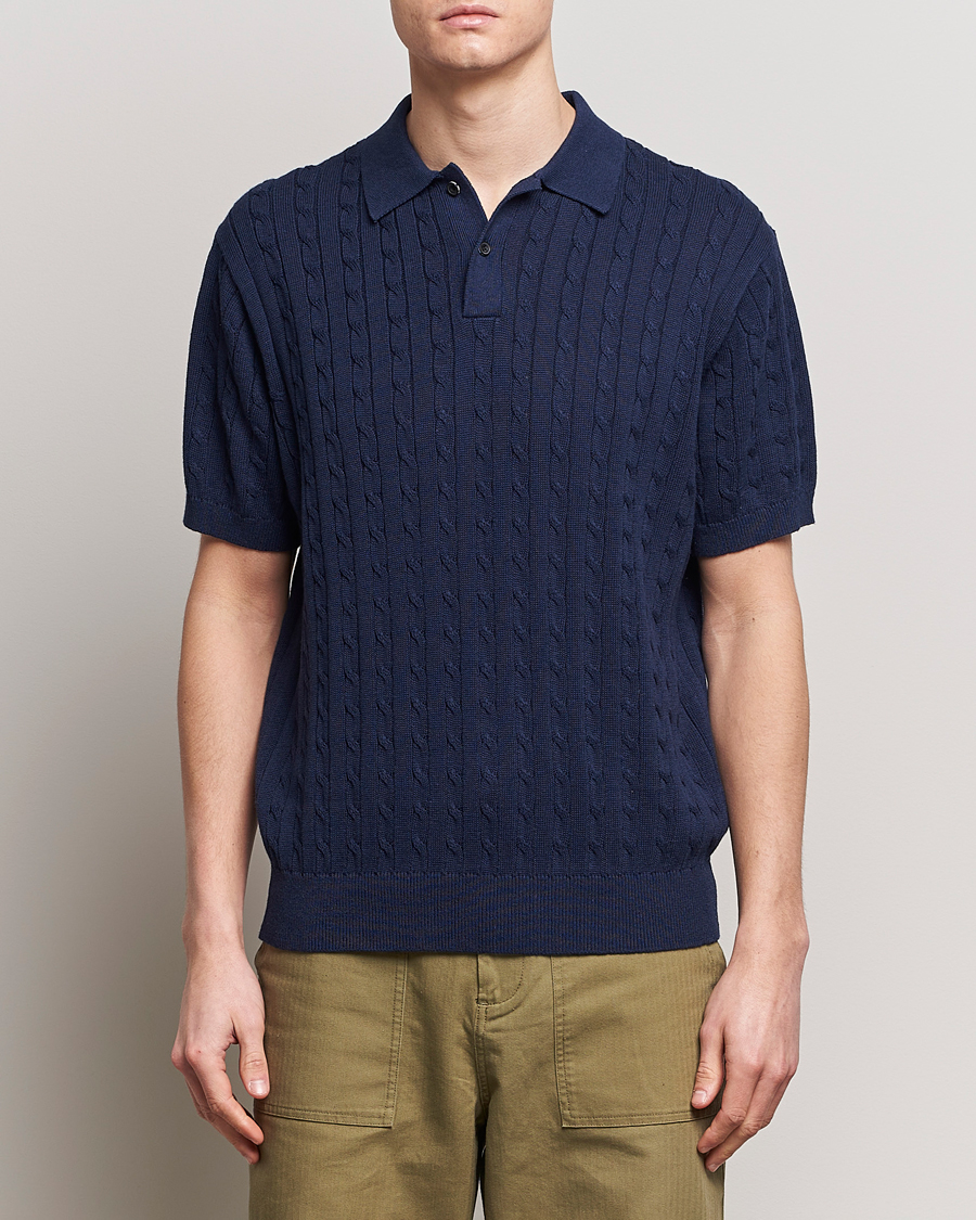 Herren | Poloshirts | BEAMS PLUS | Cable Knit Short Sleeve Polo Navy