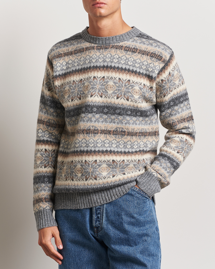 Herren | Pullover | Harley Of Scotland | Supersoft Lambswool Fairisle Crewneck Grey