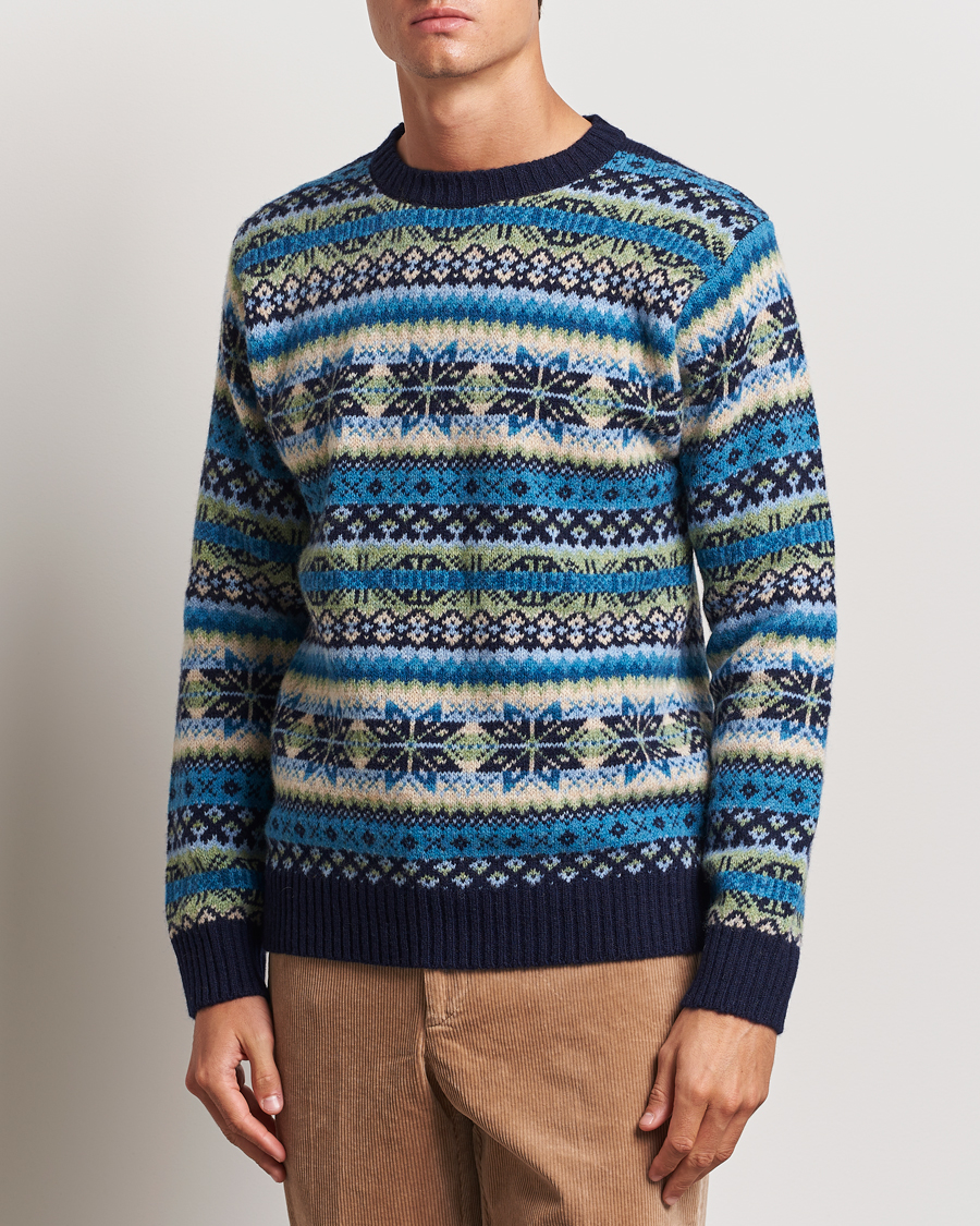 Herren | Pullover | Harley Of Scotland | Supersoft Lambswool Fairisle Crewneck Navy