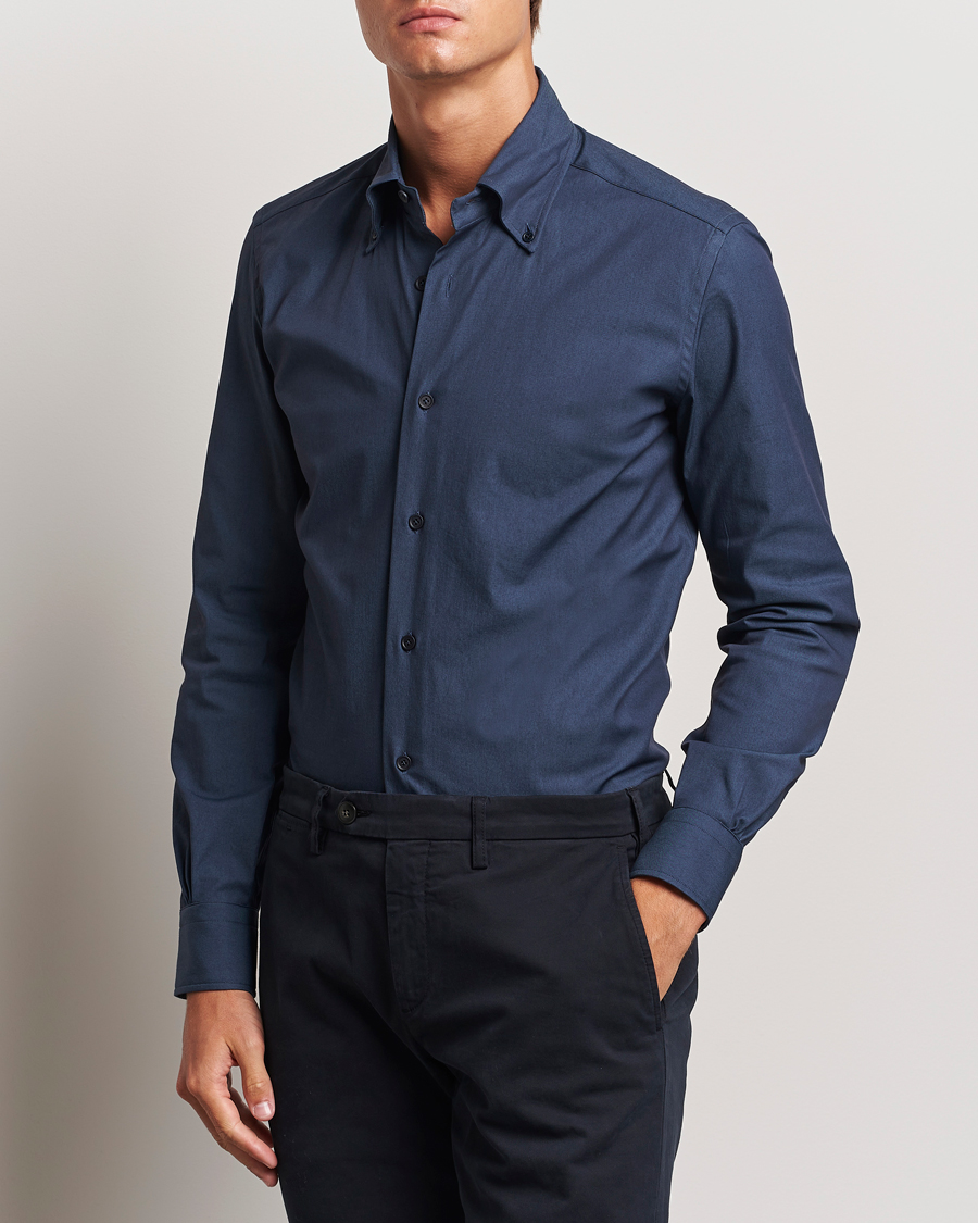 Herren |  | Mazzarelli | Soft Garment Dyed Button Down Shirt Navy