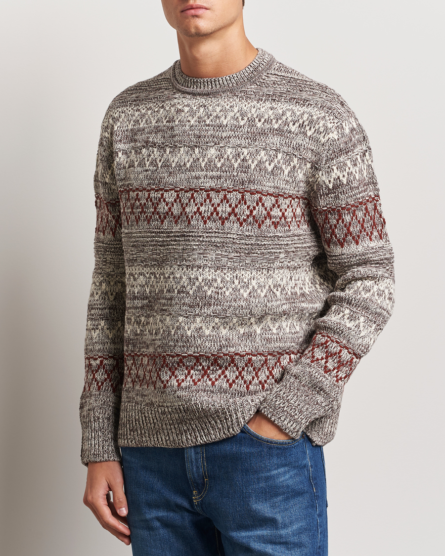 Herren |  | KnowledgeCotton Apparel | Knitted Pattern Lambswool Crewneck Brown