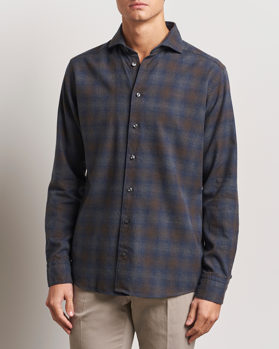 Herren |  | Eton | Slim Fit Checked Flannel Shirt Navy Blue