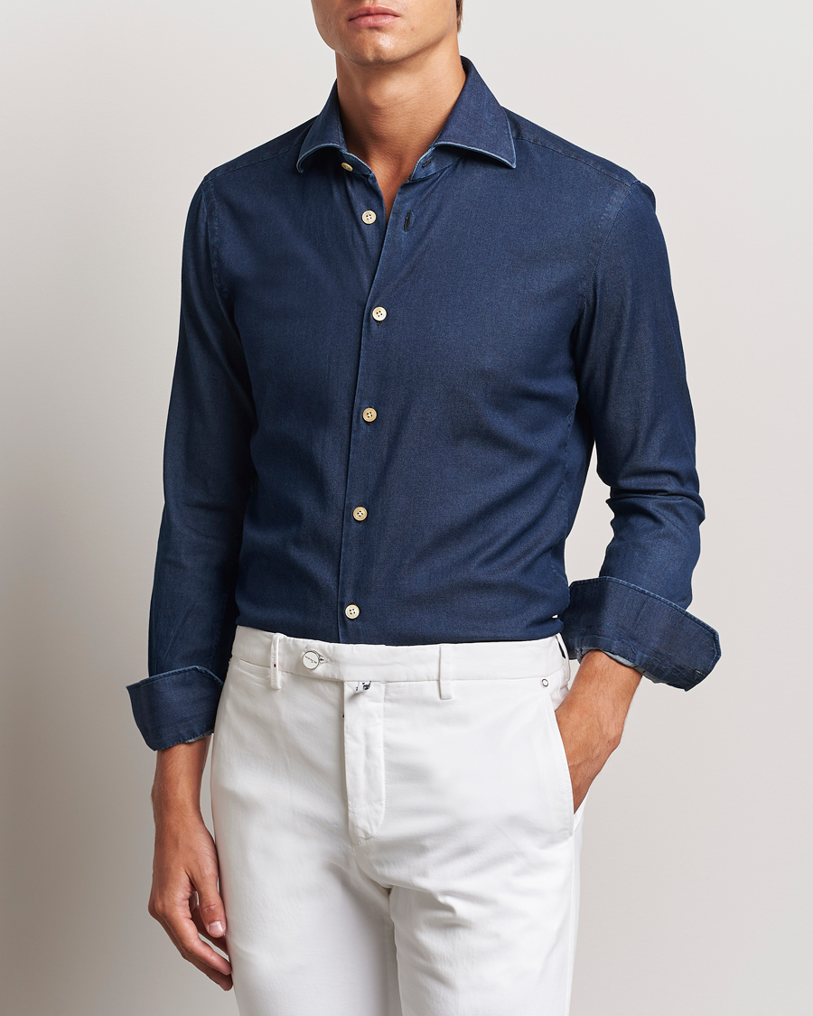 Herren |  | Kiton | Stretch Denim Cut Away Shirt Blue Indigo