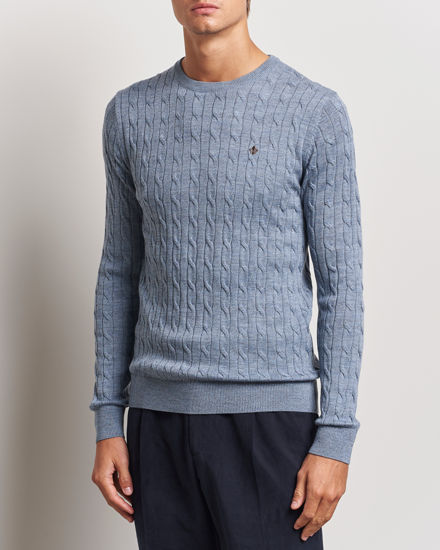 Herren | Business & Beyond - Casual | Morris | Merino Cable O-Neck Light Blue