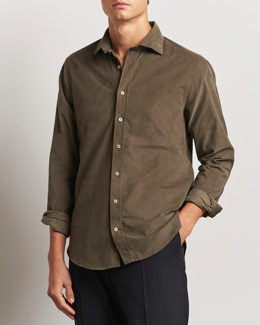 Herren |  | Stenströms | Slimline Cut Away Cord Shirt Dark Green