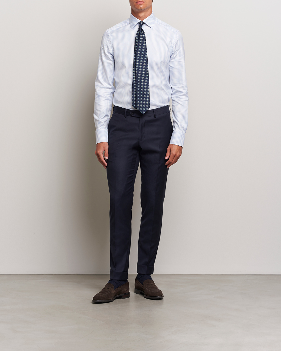 Herren | Hemden | Stenströms | Slimline Mini Check Twill Shirt White/Blue