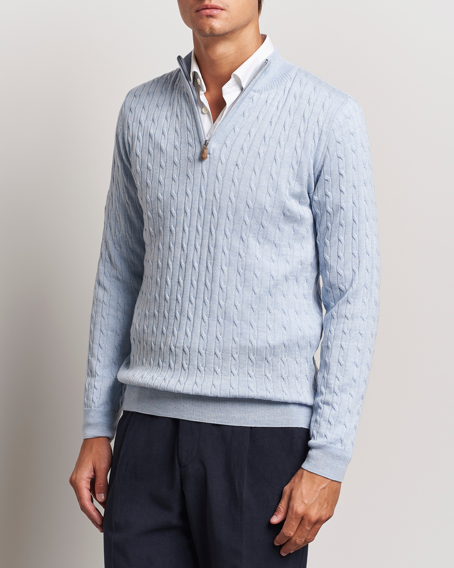 Herren |  | Stenströms | Merino Cable Half Zip Light Blue