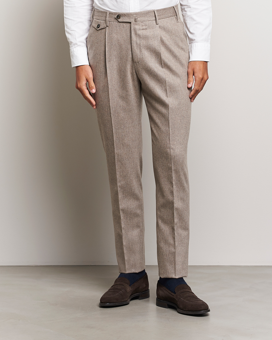 Herren | Flanellhosen | PT01 | Slim Fit Pleated Wool/Cashmere Trousers Beige
