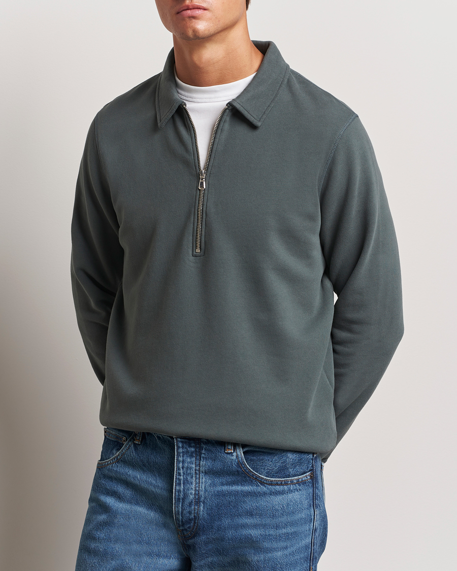 Herren | Pullover | Sunspel | Zip Loopback Sweatshirt Polo Drill Green